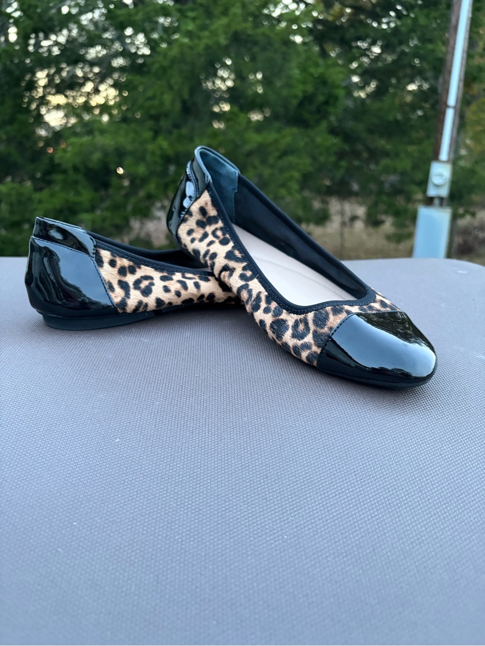 Alfani StepFlex Leopard Print Calf Hair Ballet Flats Patent Cap Toe Size 9